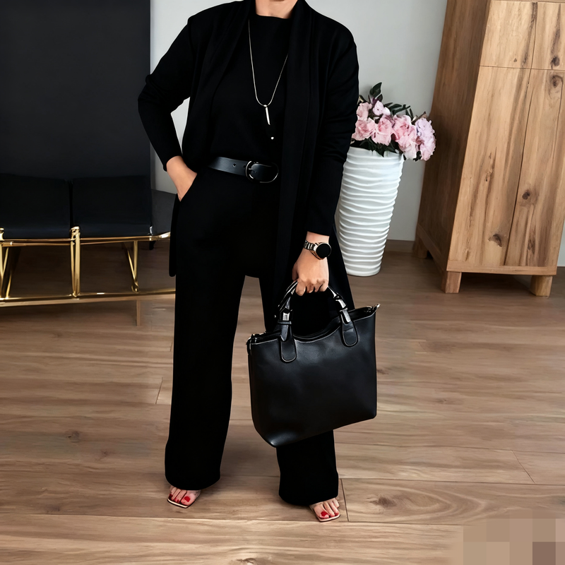 Elegant 3-delt sæt med lang cardigan, top og bukser