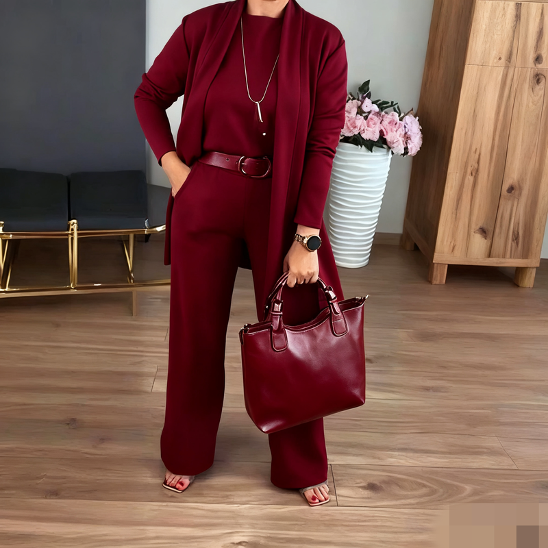 Elegant 3-delt sæt med lang cardigan, top og bukser