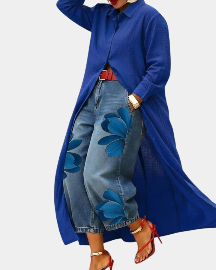 Celia | Conjunto de vestido y vaqueros de pata ancha